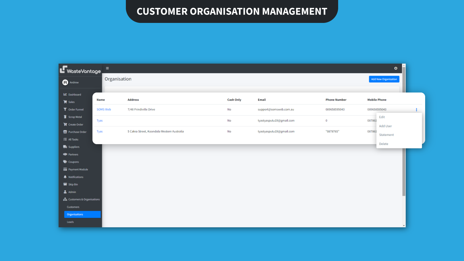 Customer's Organization Management screenshot