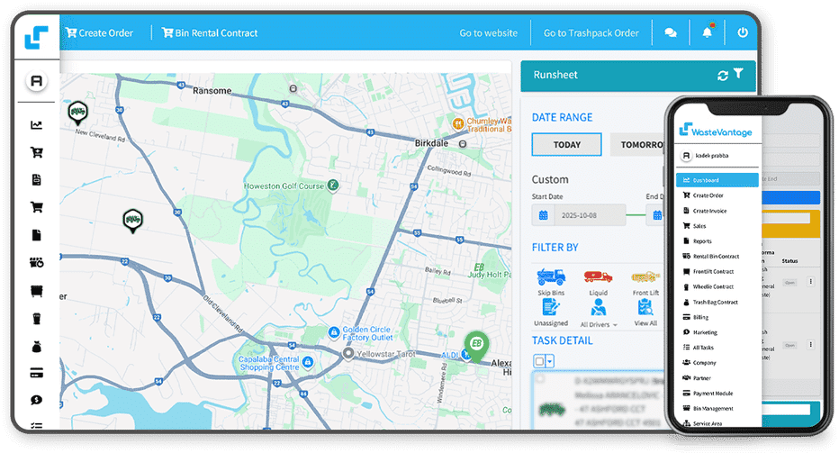 WasteVantage waste management software dashboard showing bookings and bin tracking