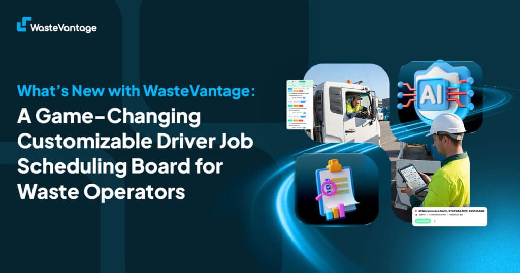 WasteVantage Driver Job Daily Scheduling Board showing drag and drop driver jobs, colour-coded waste services and real-time job management.