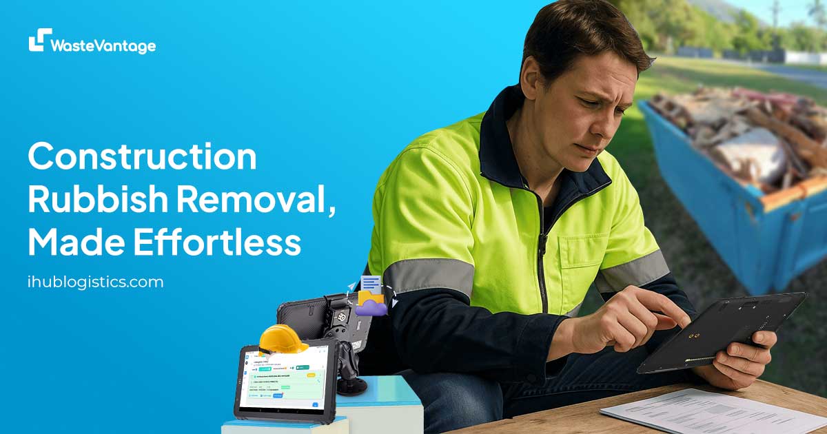 Construction rubbish removal team managing bins on an Australian construction site efficiently with trucks and digital tracking tools