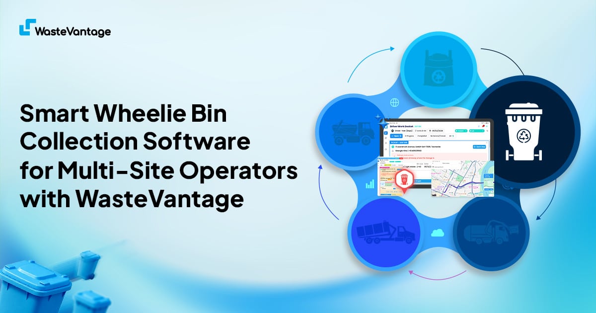 WasteVantage dashboard showing wheelie bin collection scheduling, tracking, and multi-site waste operations in Australia